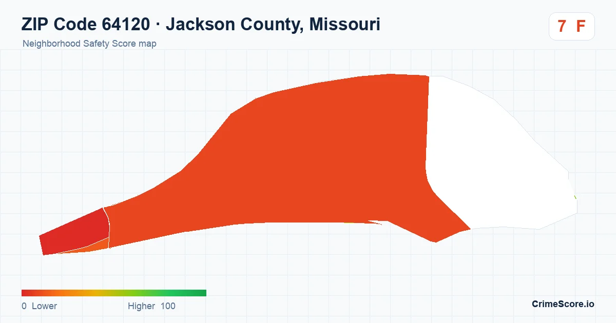 ZIP Code 64120 in Jackson County, Missouri neighborhood Safety Score map