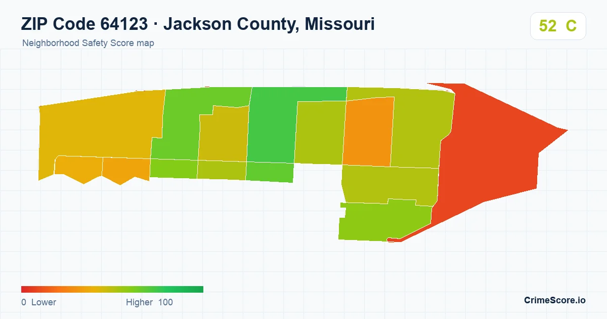 ZIP Code 64123 in Jackson County, Missouri neighborhood Safety Score map