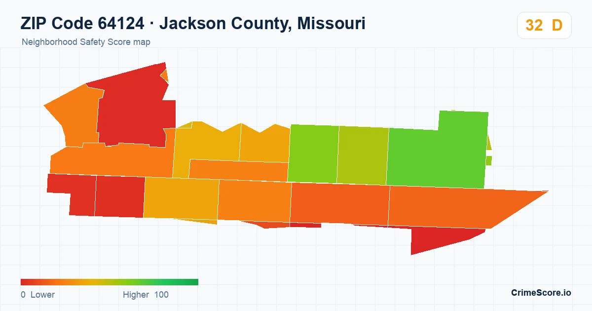 ZIP Code 64124 in Jackson County, Missouri neighborhood Safety Score map