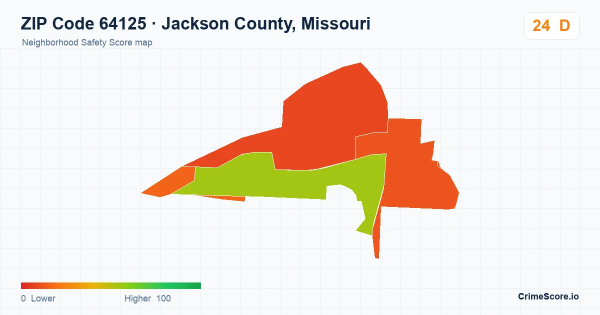 ZIP Code 64125 in Jackson County, Missouri neighborhood Safety Score map