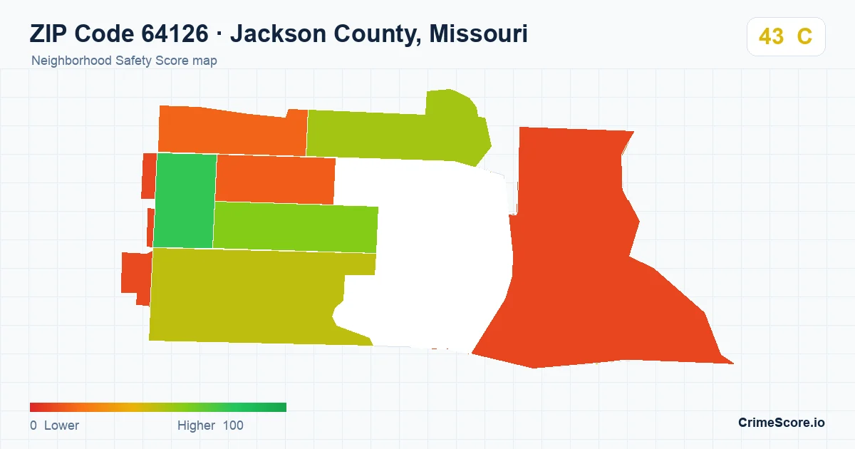 ZIP Code 64126 in Jackson County, Missouri neighborhood Safety Score map