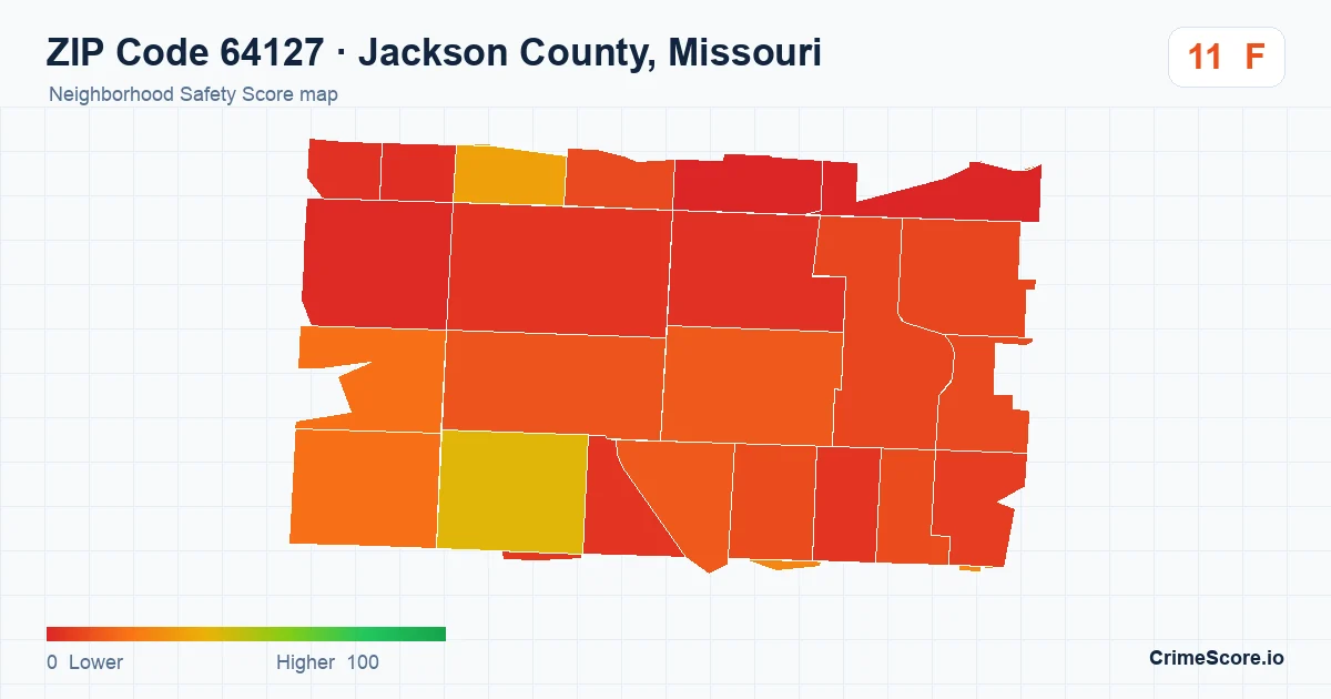 ZIP Code 64127 in Jackson County, Missouri neighborhood Safety Score map