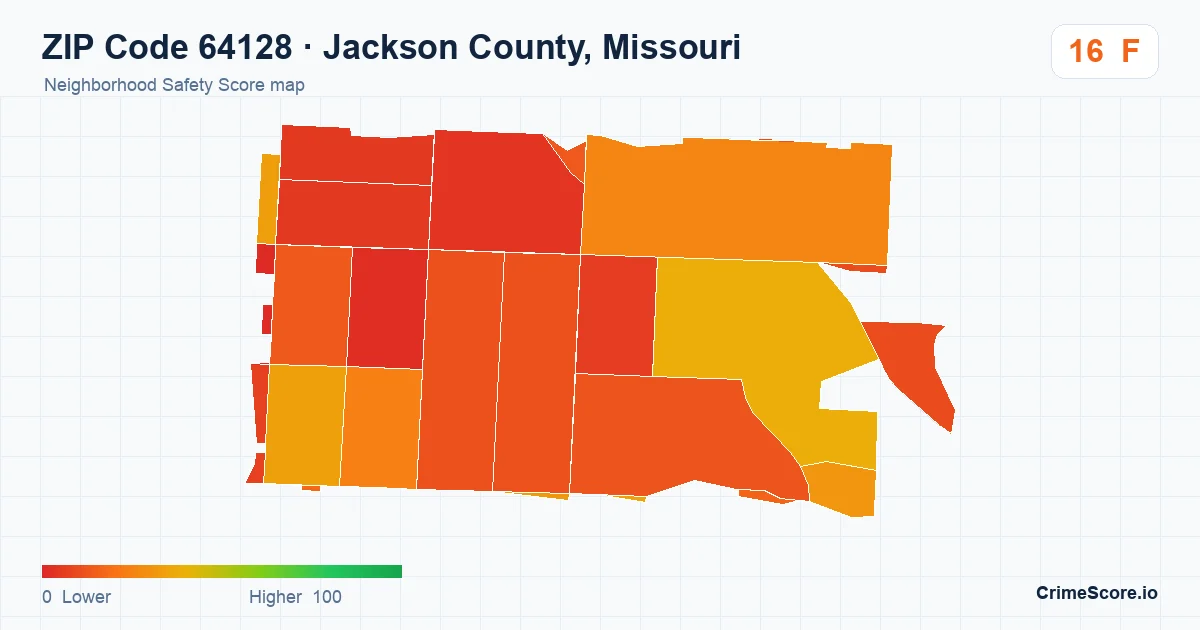 ZIP Code 64128 in Jackson County, Missouri neighborhood Safety Score map