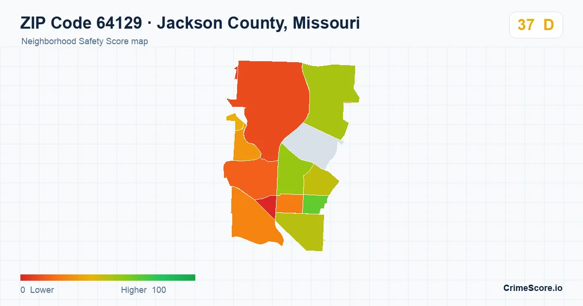 ZIP Code 64129 in Jackson County, Missouri neighborhood Safety Score map