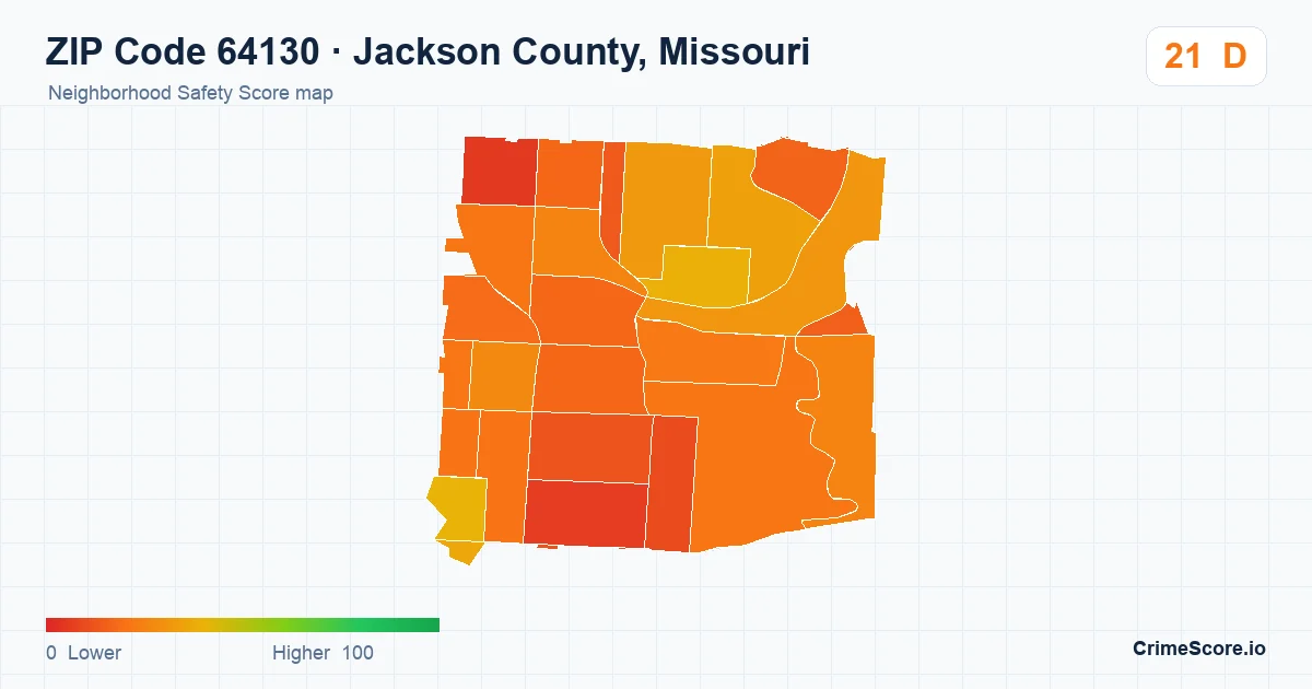 ZIP Code 64130 in Jackson County, Missouri neighborhood Safety Score map