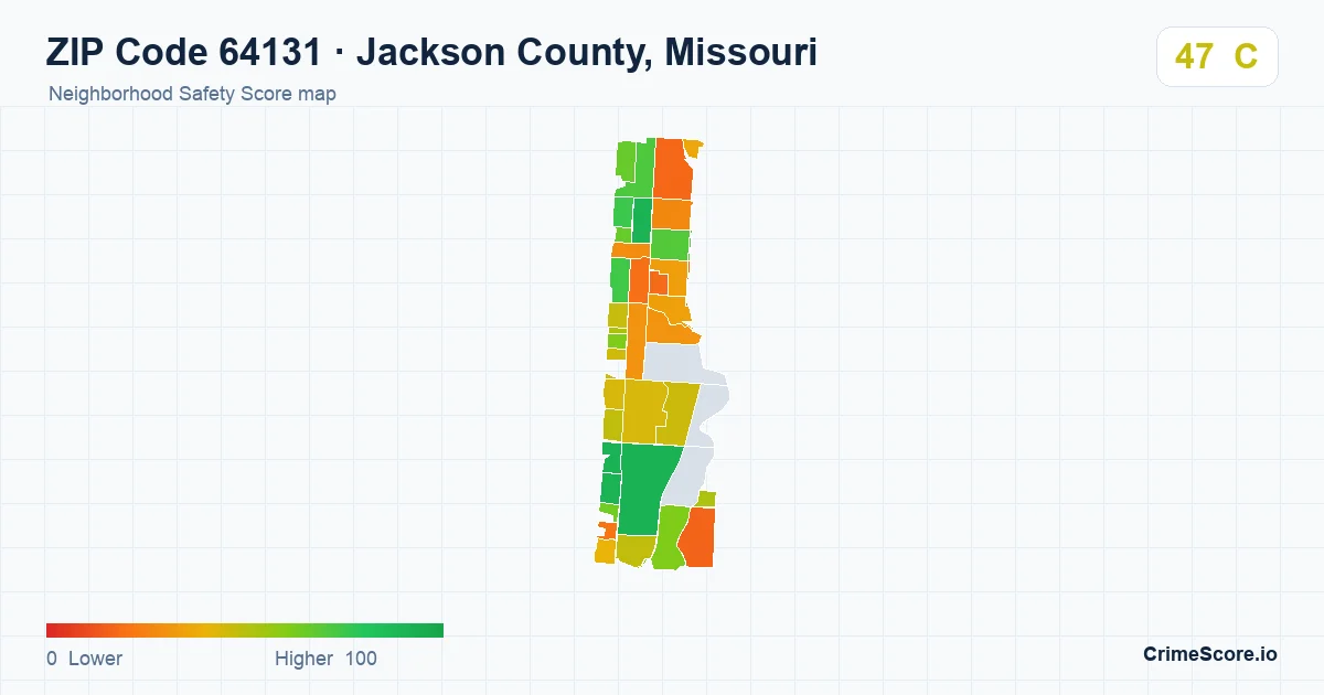 ZIP Code 64131 in Jackson County, Missouri neighborhood Safety Score map