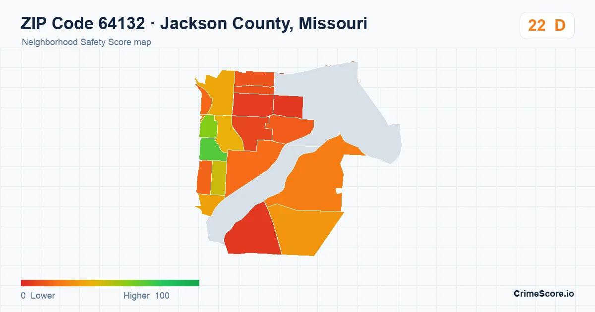 ZIP Code 64132 in Jackson County, Missouri neighborhood Safety Score map