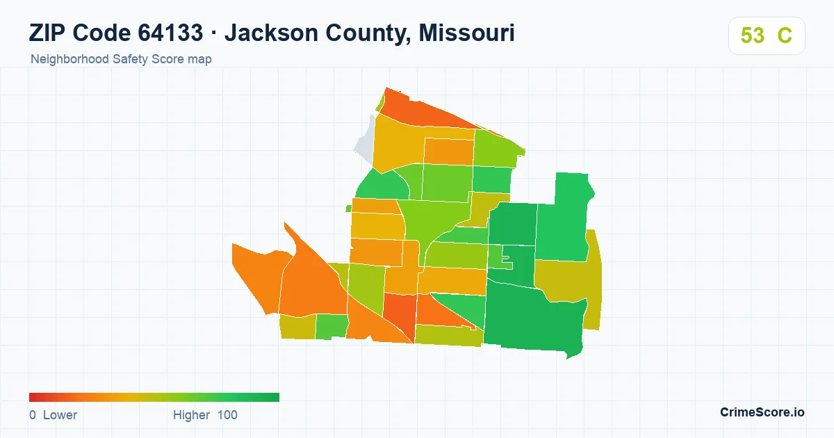 ZIP Code 64133 in Jackson County, Missouri neighborhood Safety Score map