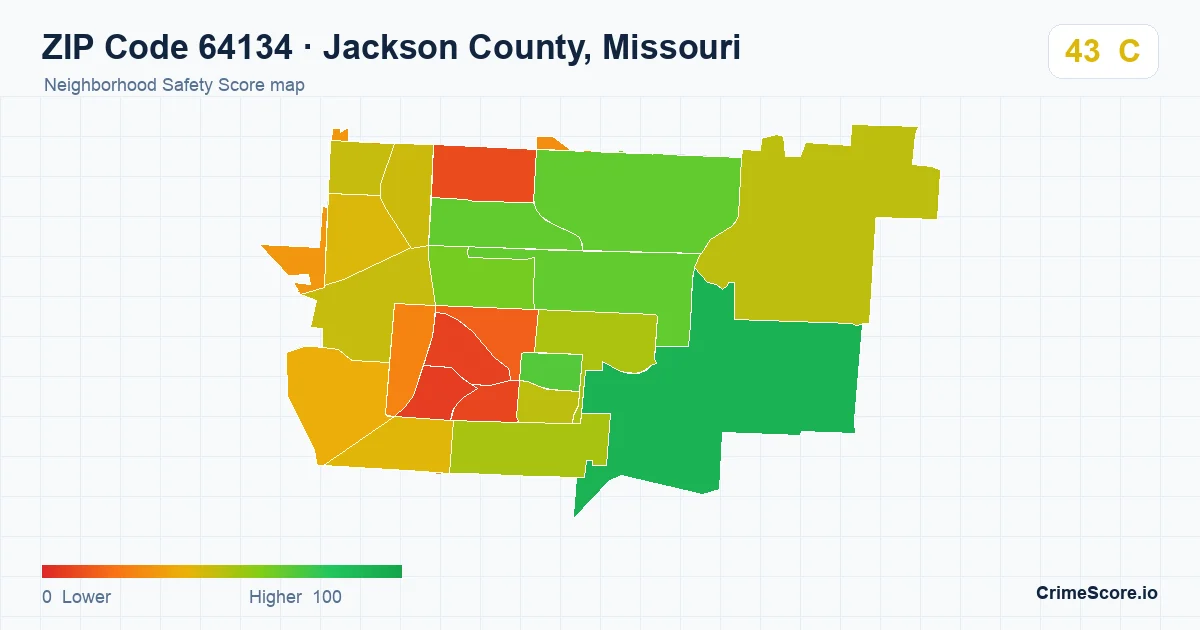 ZIP Code 64134 in Jackson County, Missouri neighborhood Safety Score map