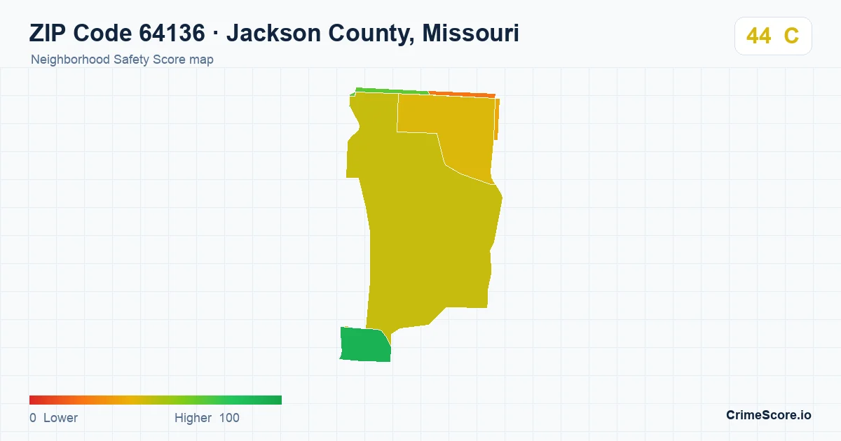 ZIP Code 64136 in Jackson County, Missouri neighborhood Safety Score map