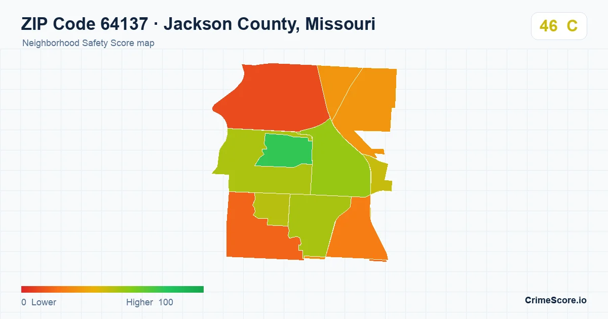 ZIP Code 64137 in Jackson County, Missouri neighborhood Safety Score map