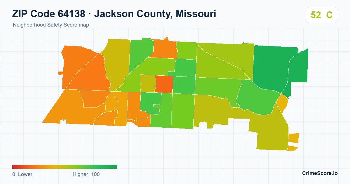 ZIP Code 64138 in Jackson County, Missouri neighborhood Safety Score map
