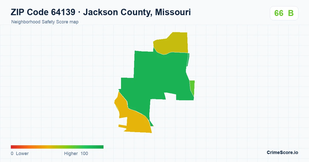 ZIP Code 64139 in Jackson County, Missouri neighborhood Safety Score map