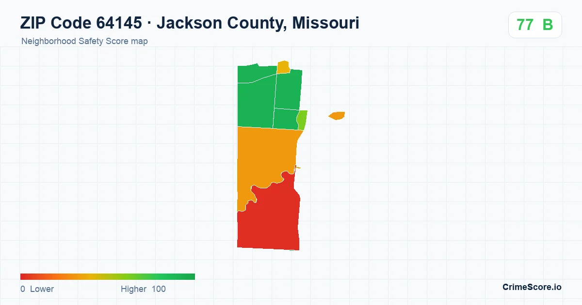 ZIP Code 64145 in Jackson County, Missouri neighborhood Safety Score map