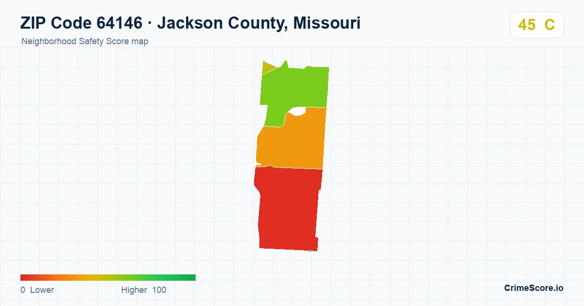 ZIP Code 64146 in Jackson County, Missouri neighborhood Safety Score map