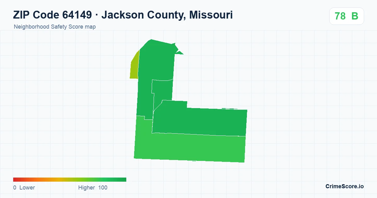 ZIP Code 64149 in Jackson County, Missouri neighborhood Safety Score map