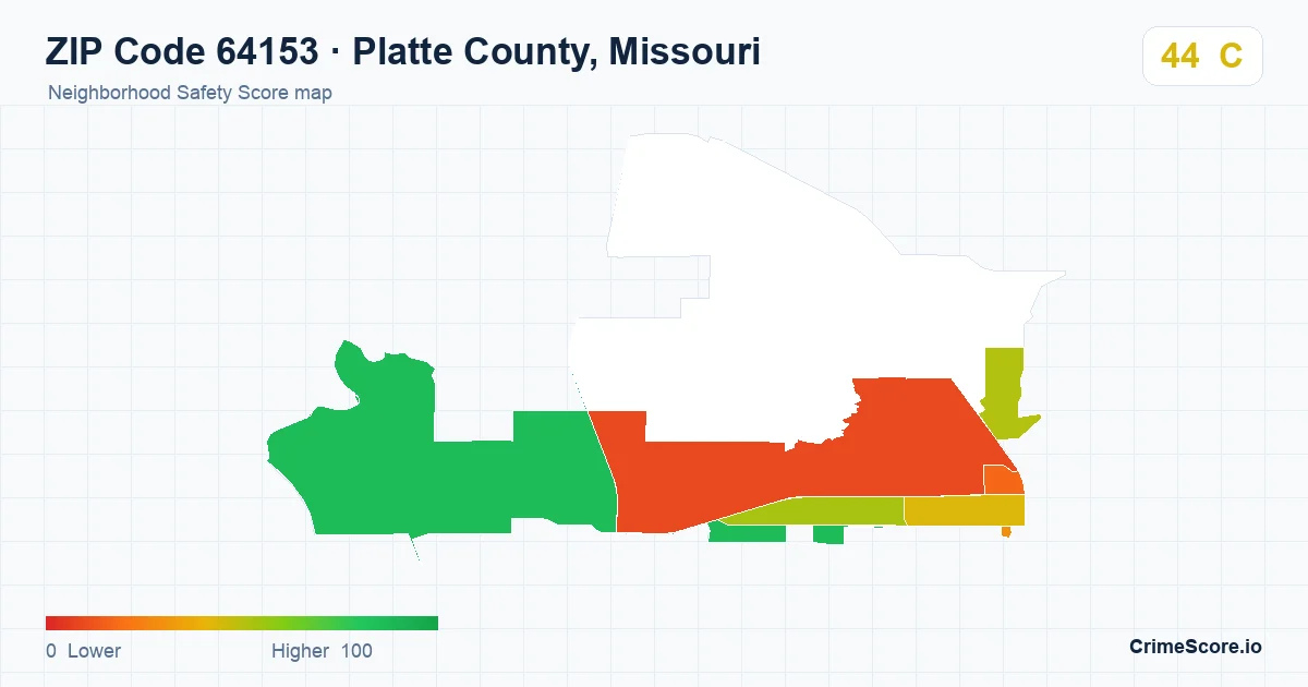 ZIP Code 64153 in Platte County, Missouri neighborhood Safety Score map