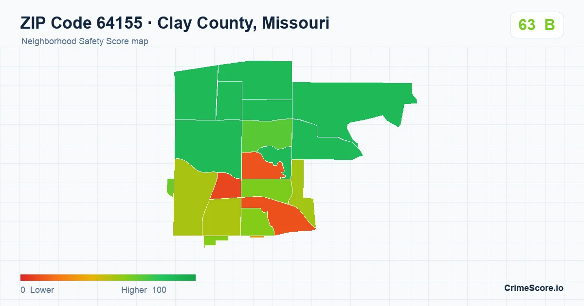 ZIP Code 64155 in Clay County, Missouri neighborhood Safety Score map
