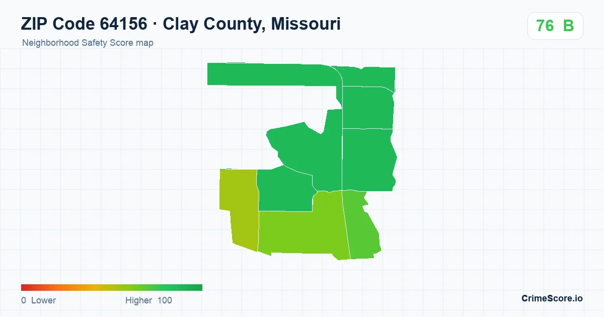 ZIP Code 64156 in Clay County, Missouri neighborhood Safety Score map