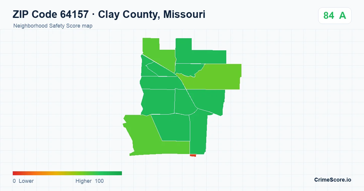 ZIP Code 64157 in Clay County, Missouri neighborhood Safety Score map