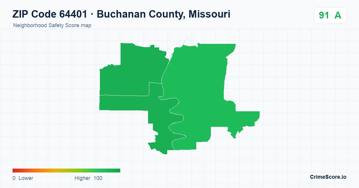 ZIP Code 64401 in Buchanan County, Missouri neighborhood Safety Score map