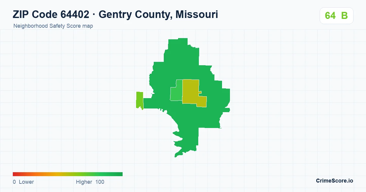ZIP Code 64402 in Gentry County, Missouri neighborhood Safety Score map