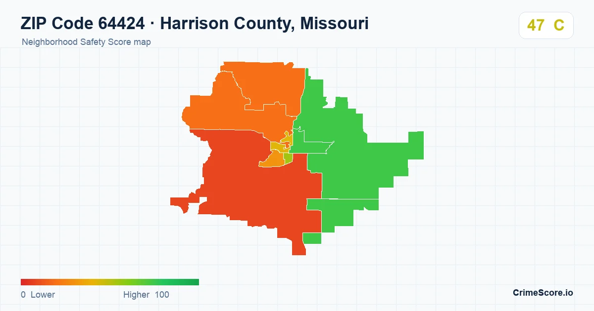 ZIP Code 64424 in Harrison County, Missouri neighborhood Safety Score map