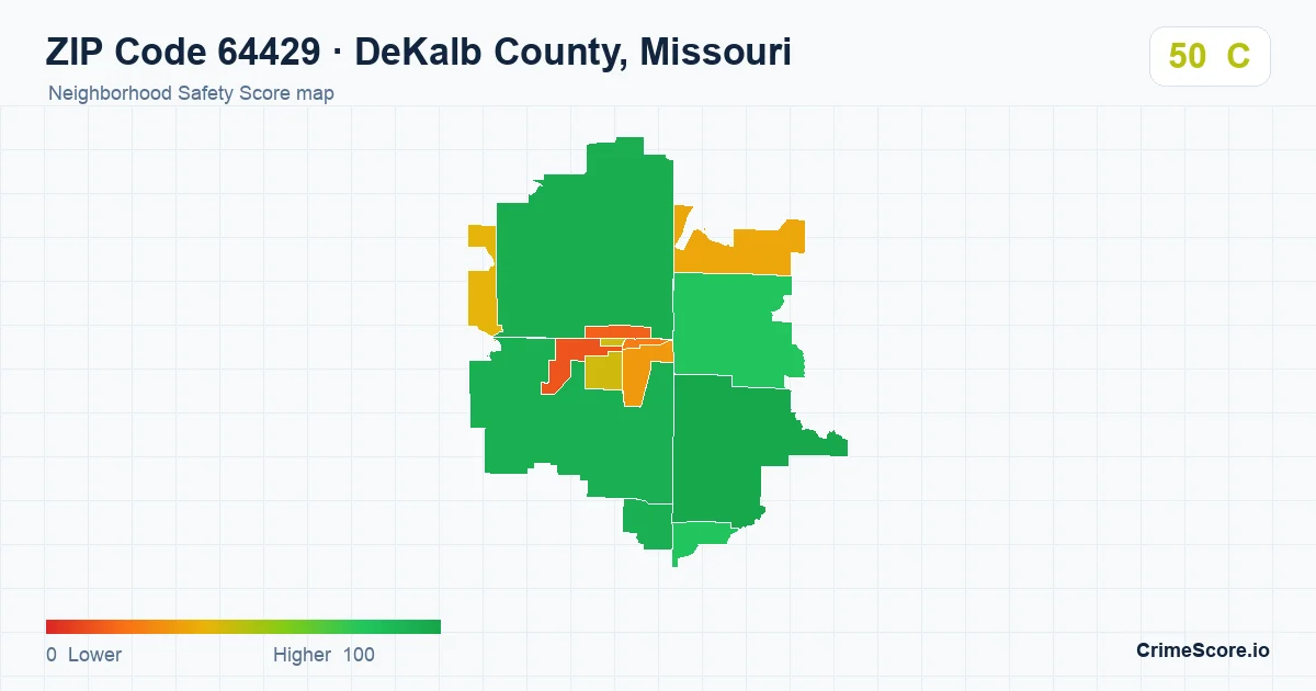 ZIP Code 64429 in DeKalb County, Missouri neighborhood Safety Score map
