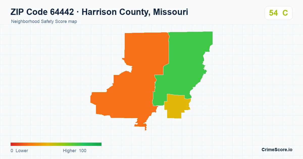ZIP Code 64442 in Harrison County, Missouri neighborhood Safety Score map