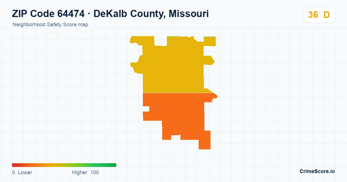 ZIP Code 64474 in DeKalb County, Missouri neighborhood Safety Score map