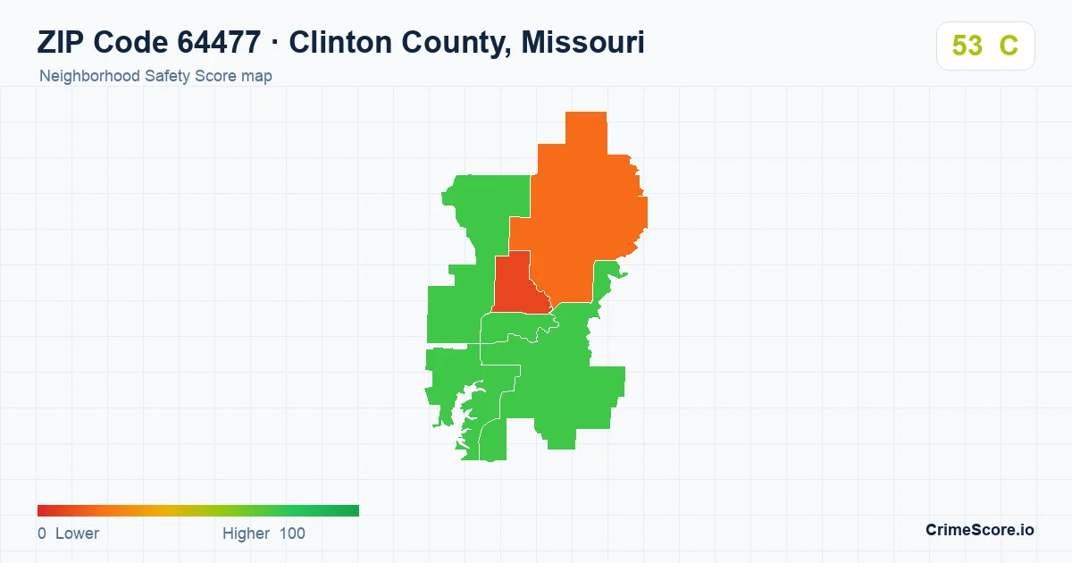 ZIP Code 64477 in Clinton County, Missouri neighborhood Safety Score map