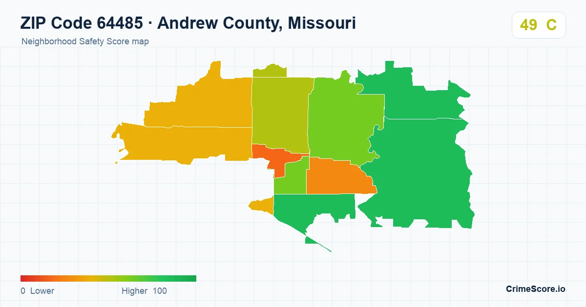 ZIP Code 64485 in Andrew County, Missouri neighborhood Safety Score map