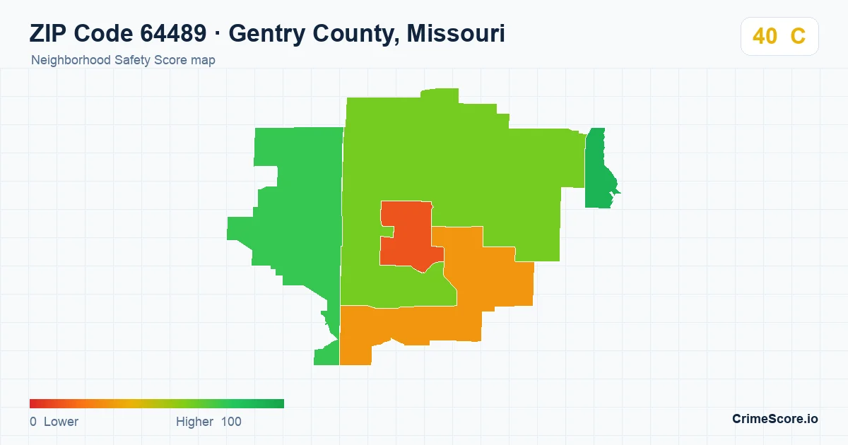 ZIP Code 64489 in Gentry County, Missouri neighborhood Safety Score map