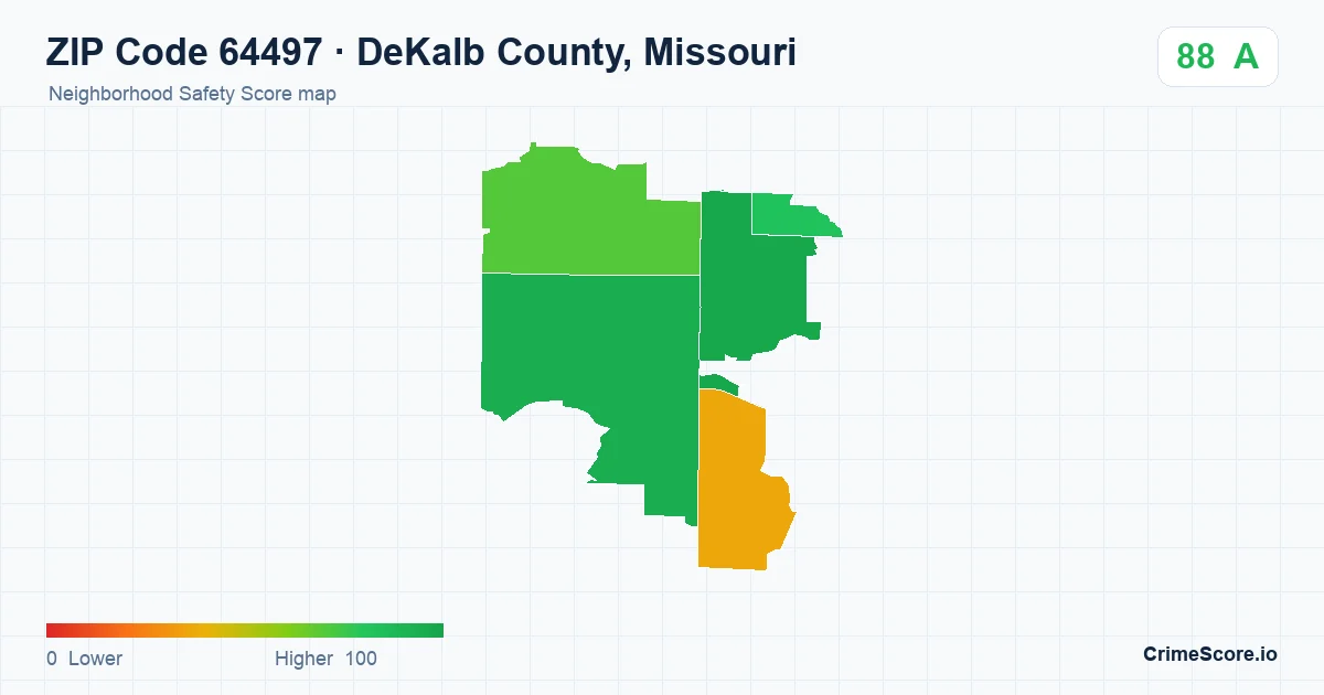 ZIP Code 64497 in DeKalb County, Missouri neighborhood Safety Score map