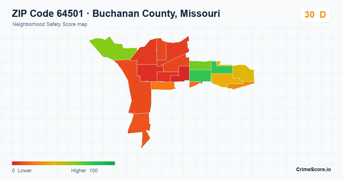 ZIP Code 64501 in Buchanan County, Missouri neighborhood Safety Score map