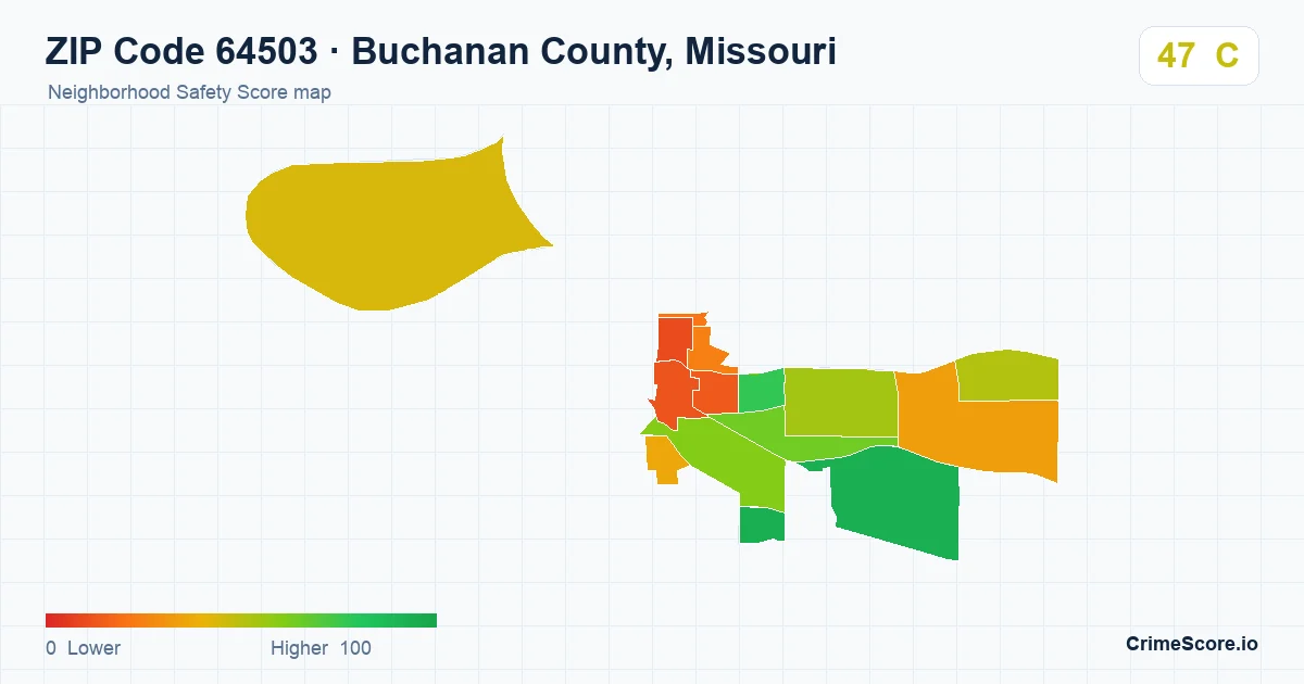 ZIP Code 64503 in Buchanan County, Missouri neighborhood Safety Score map