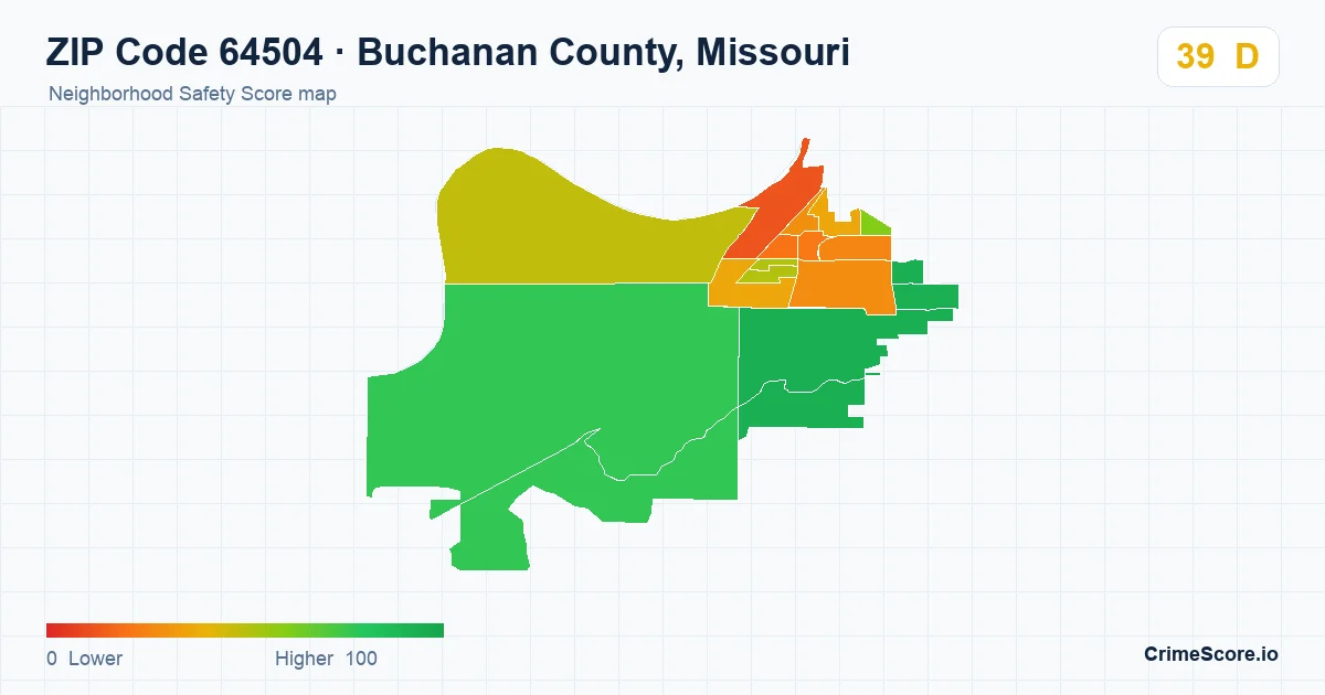 ZIP Code 64504 in Buchanan County, Missouri neighborhood Safety Score map
