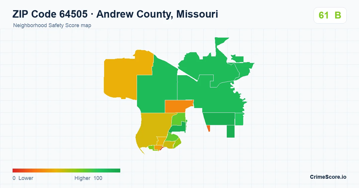 ZIP Code 64505 in Andrew County, Missouri neighborhood Safety Score map