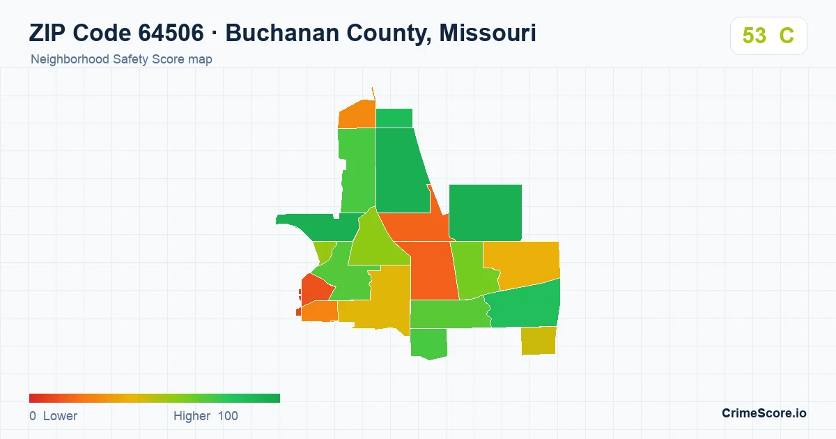 ZIP Code 64506 in Buchanan County, Missouri neighborhood Safety Score map