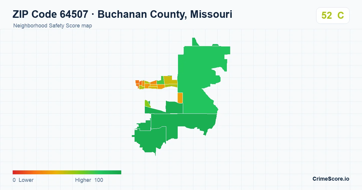 ZIP Code 64507 in Buchanan County, Missouri neighborhood Safety Score map