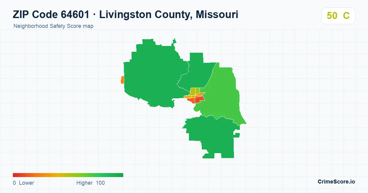 ZIP Code 64601 in Livingston County, Missouri neighborhood Safety Score map