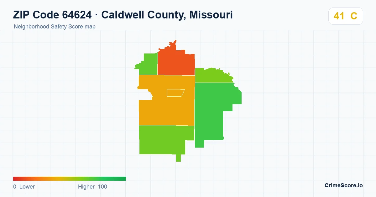 ZIP Code 64624 in Caldwell County, Missouri neighborhood Safety Score map