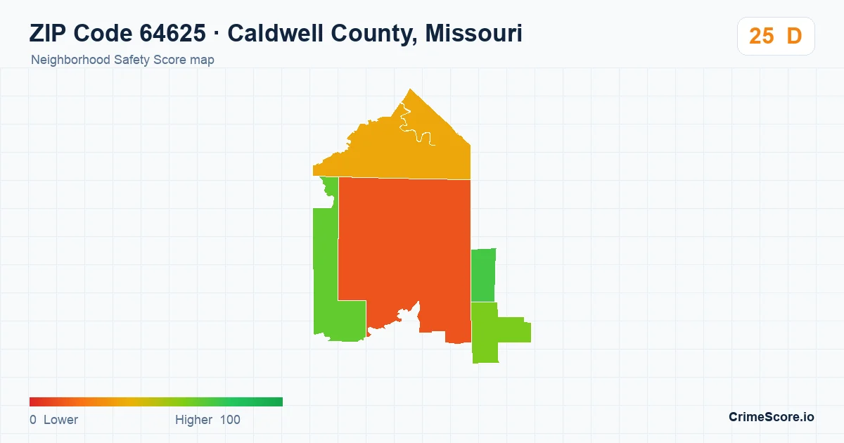 ZIP Code 64625 in Caldwell County, Missouri neighborhood Safety Score map