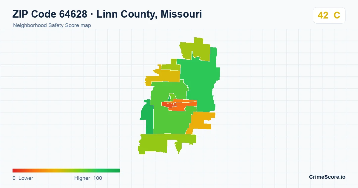 ZIP Code 64628 in Linn County, Missouri neighborhood Safety Score map
