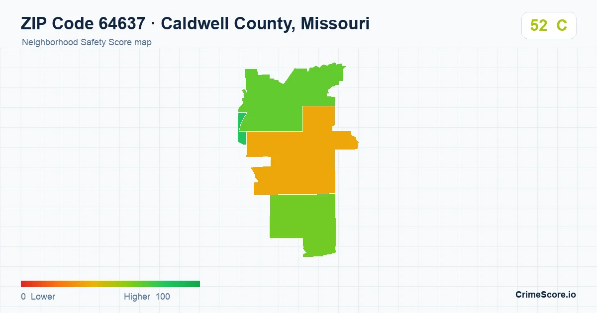 ZIP Code 64637 in Caldwell County, Missouri neighborhood Safety Score map