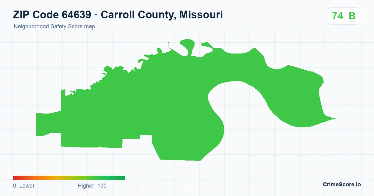 ZIP Code 64639 in Carroll County, Missouri neighborhood Safety Score map