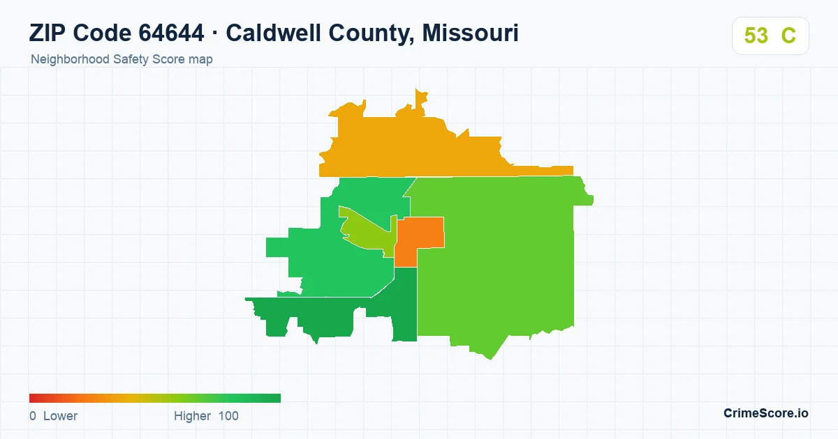 ZIP Code 64644 in Caldwell County, Missouri neighborhood Safety Score map
