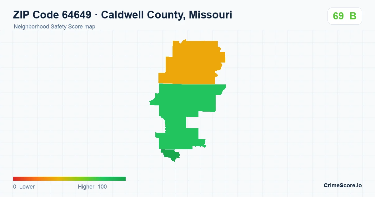 ZIP Code 64649 in Caldwell County, Missouri neighborhood Safety Score map