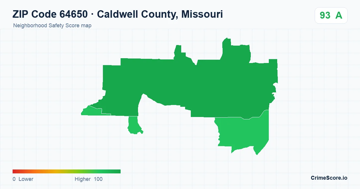 ZIP Code 64650 in Caldwell County, Missouri neighborhood Safety Score map
