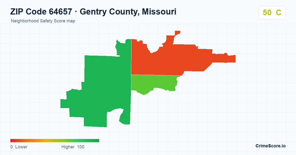 ZIP Code 64657 in Gentry County, Missouri neighborhood Safety Score map
